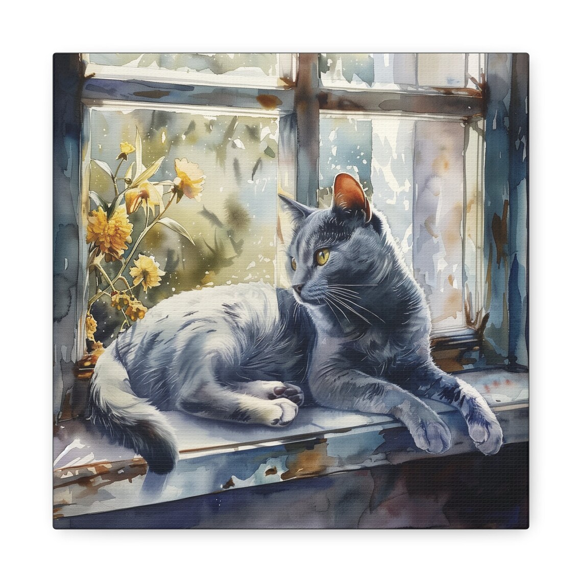 Russian Blue Gray Cat Lounging on Sunny Windowsill Watercolor Poster - Image 5