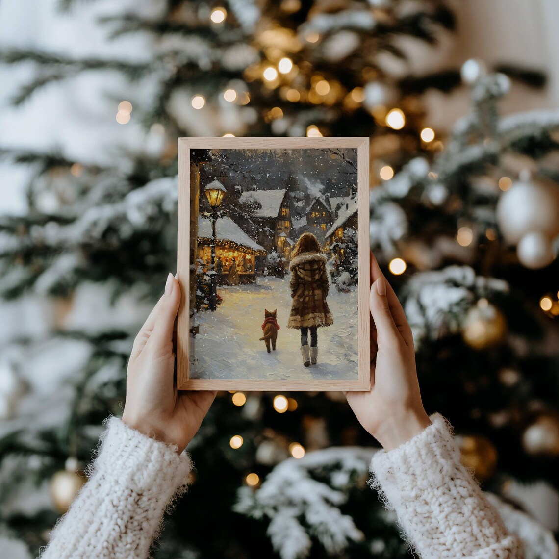Christmas Woman and Cat Walking in the Snow Art Print - Image 6