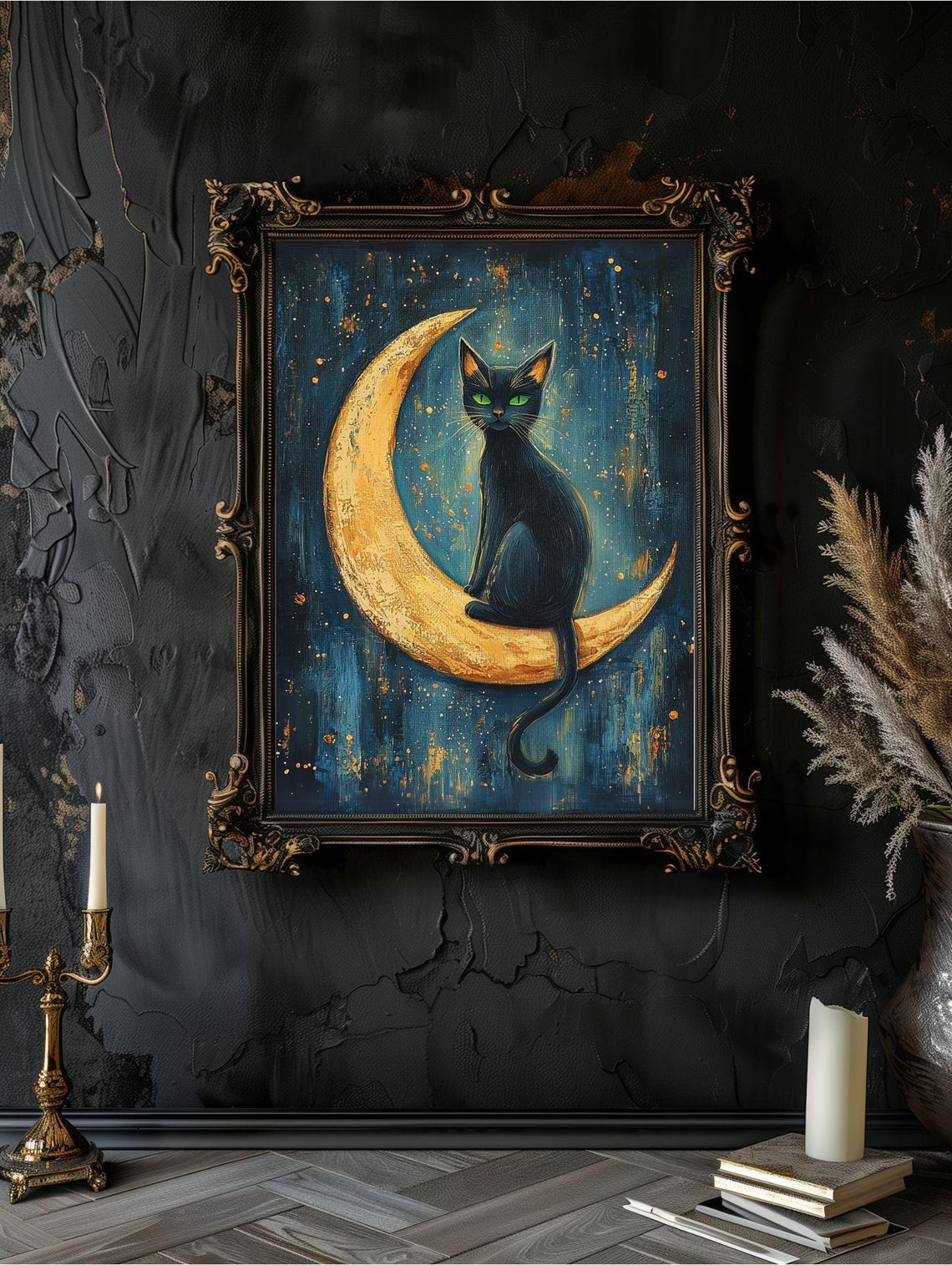 Black Cat Sitting on a Golden Crescent Moon Starry Night Poster - Image 5