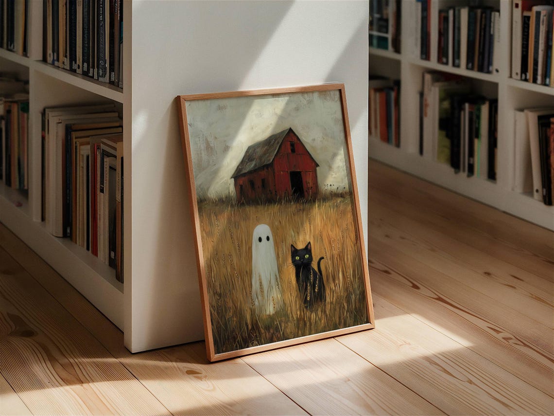 Ghost And Black Cat In A Wheat Field By A Rustic Red Barn Poster - Image 3