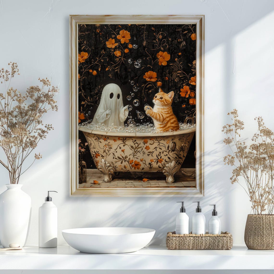 Cute Ghost and a Playful Orange Kitten in a Bubble Bath Poster - Image 7