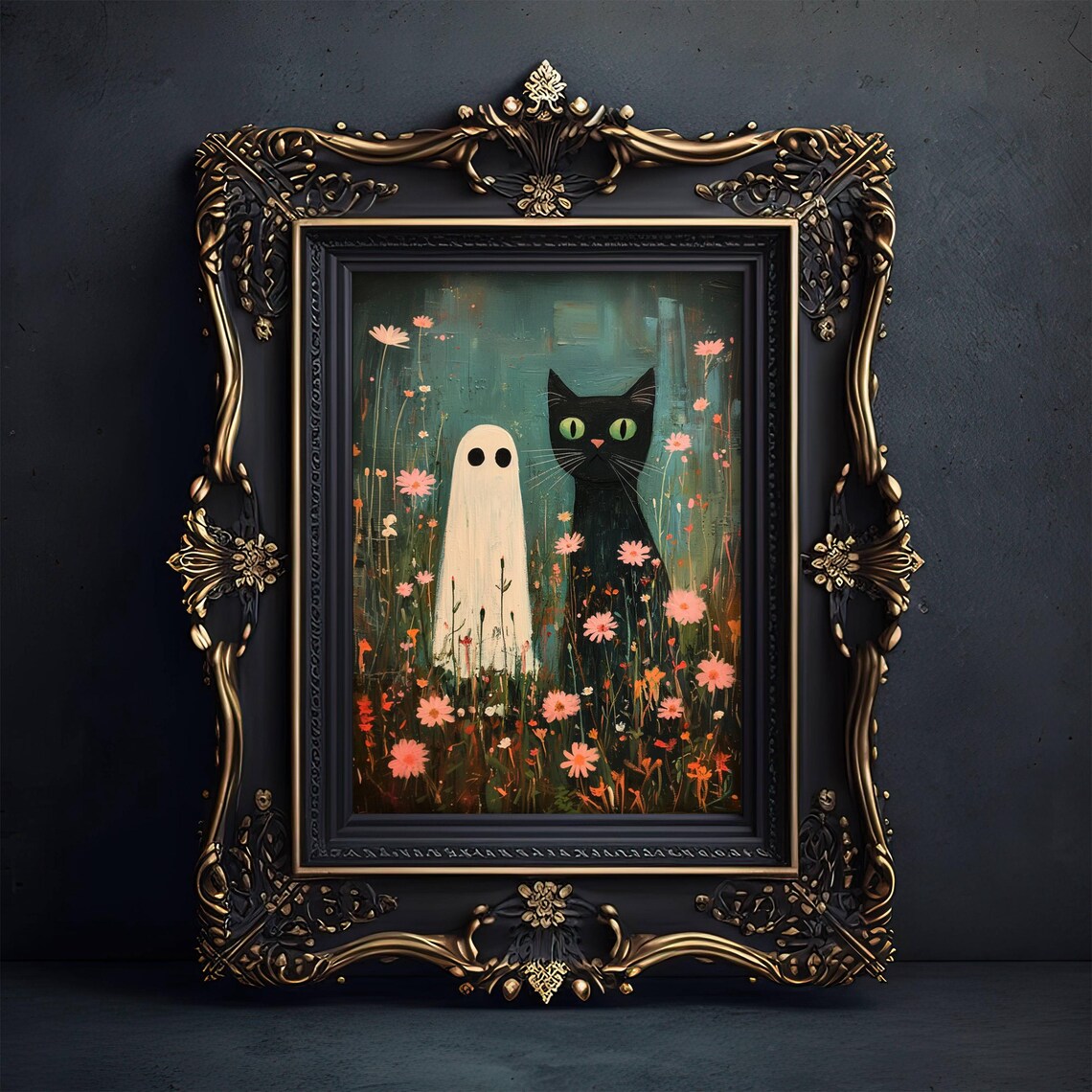 Sweet Ghost and Green-Eyed Black Cat Standing in a Wildflower Meadow Poster - Image 2