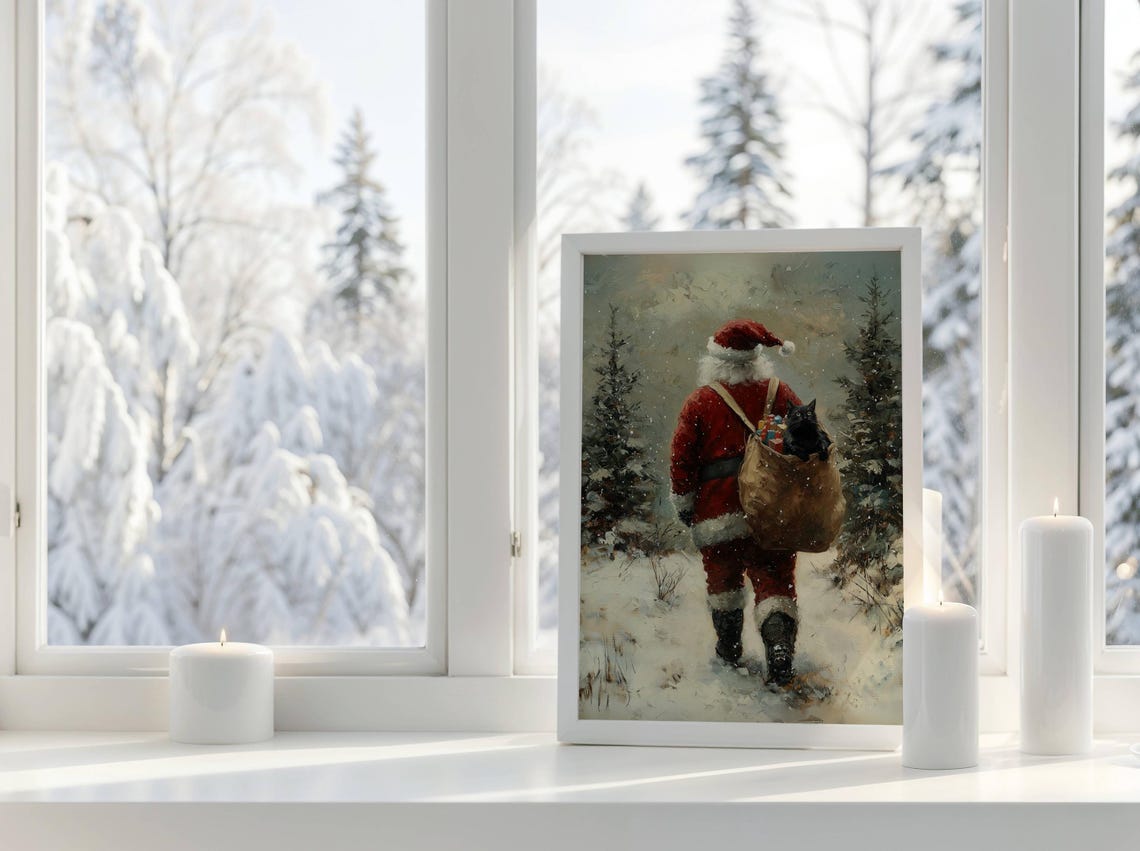 Santa Walking In The Snow With Black Cat Christmas Poster Moody Holiday Cat Wall Art Xmas Cat Lover Home Decor Unframed - Image 2