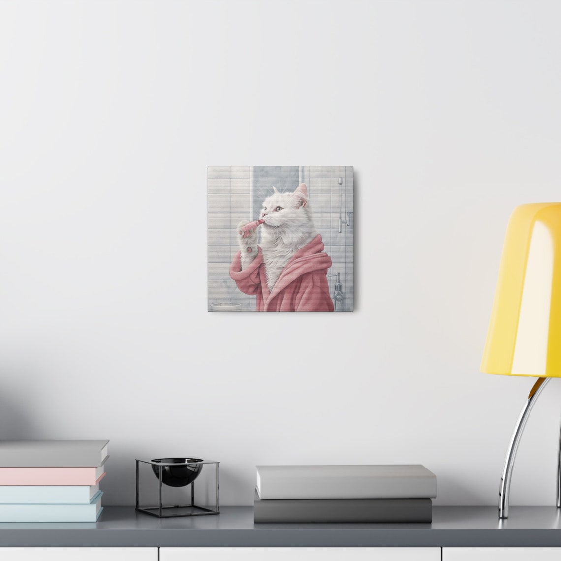 White Cat in Pink Bathrobe Applying Lipstick Bathroom Poster - Image 5