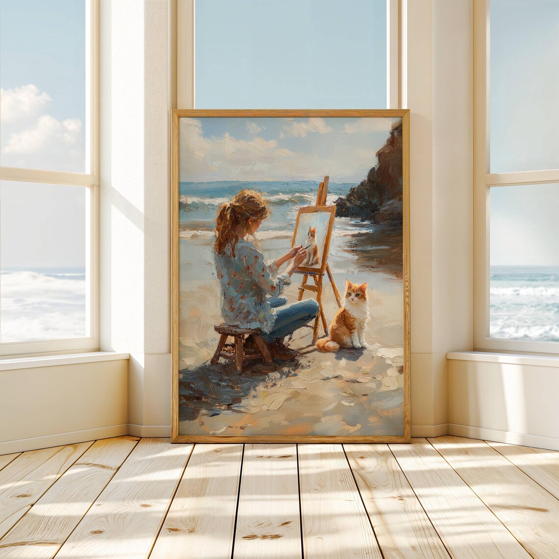 Woman Painting a Ginger Cat on a Sunny Beach Plein Air Art Poster - Image 7