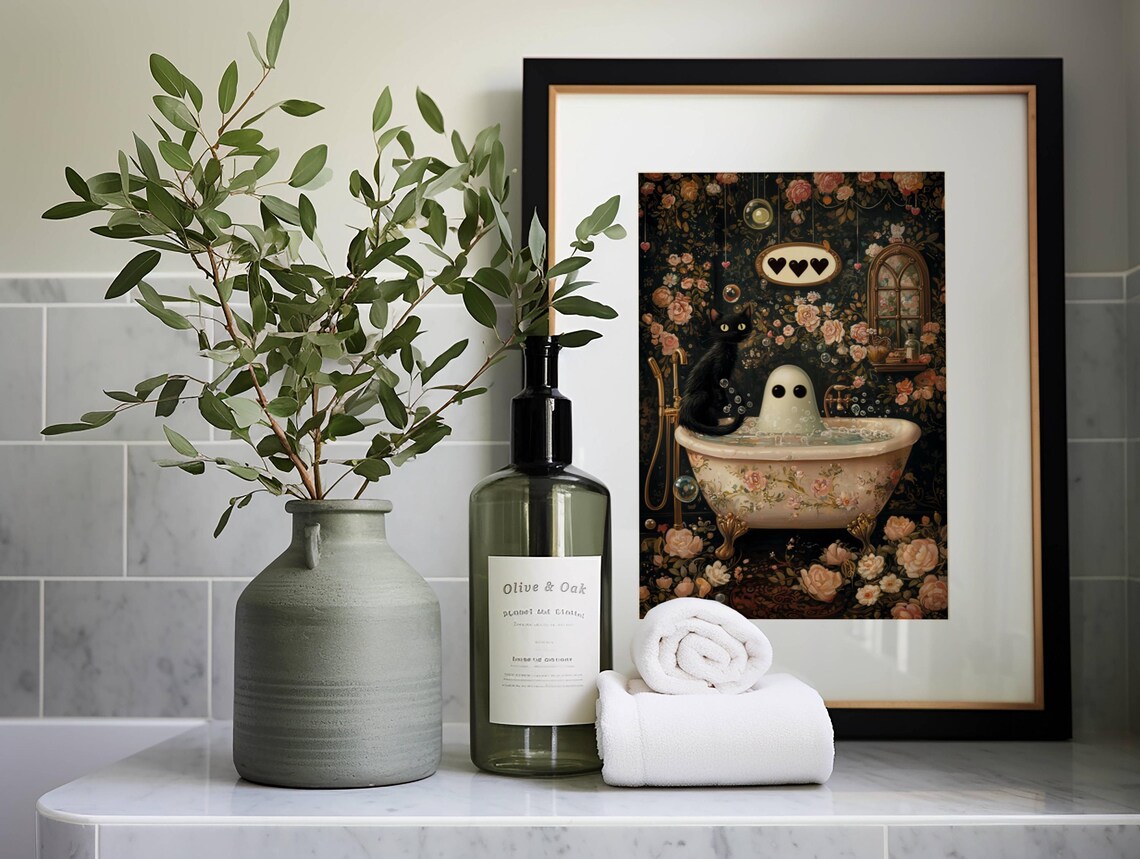 Cute Ghost and Black Cat Soaking in a Rose-Patterned Bubble Bath Poster - Image 3
