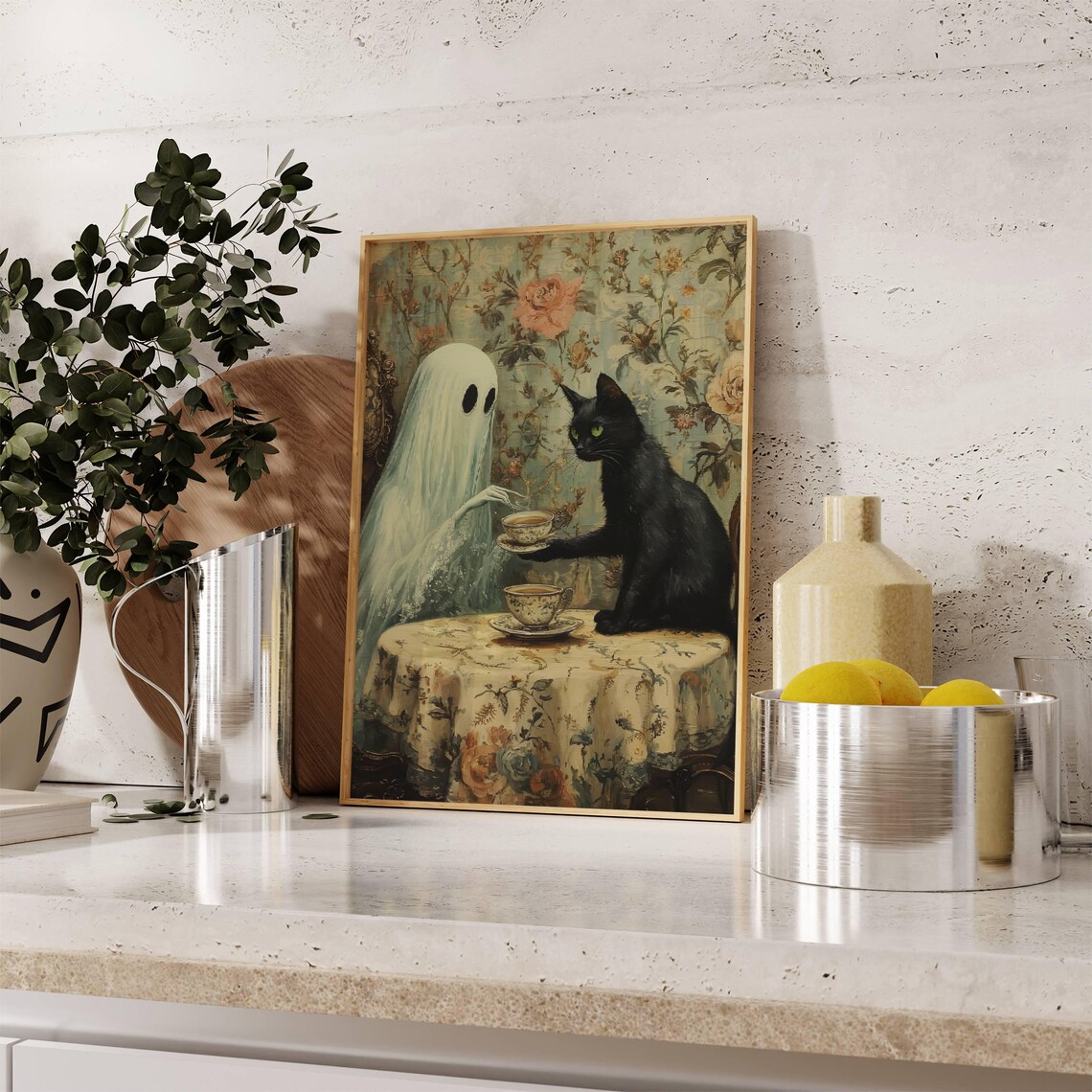 Ghost And Black Cat Teatime, Spooky Halloween Art Print - Image 3