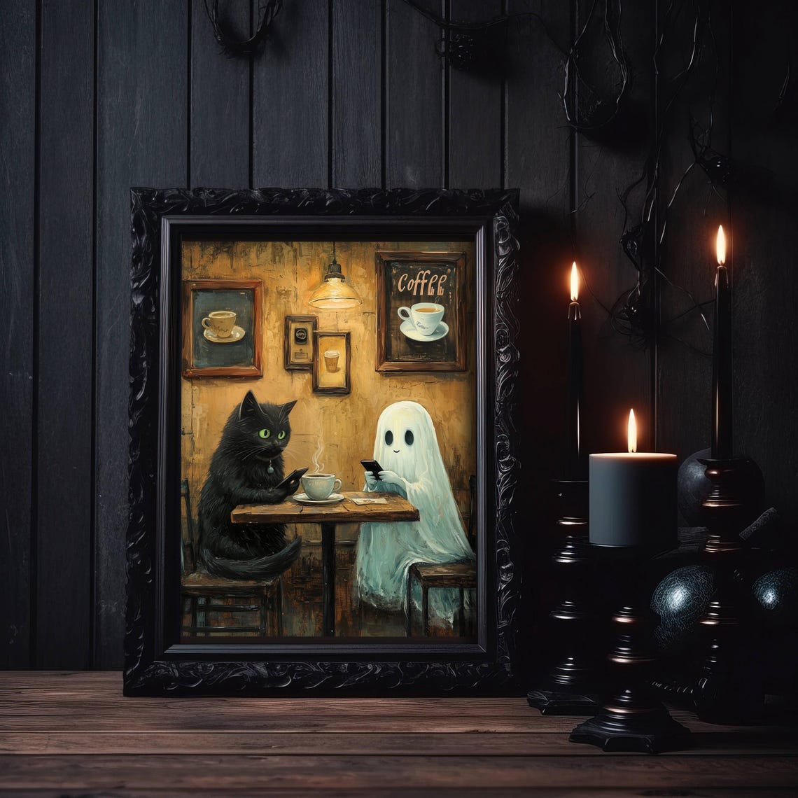 Black Cat and Ghost on Phones Over Coffee at a Cozy Cafe Poster - Image 2