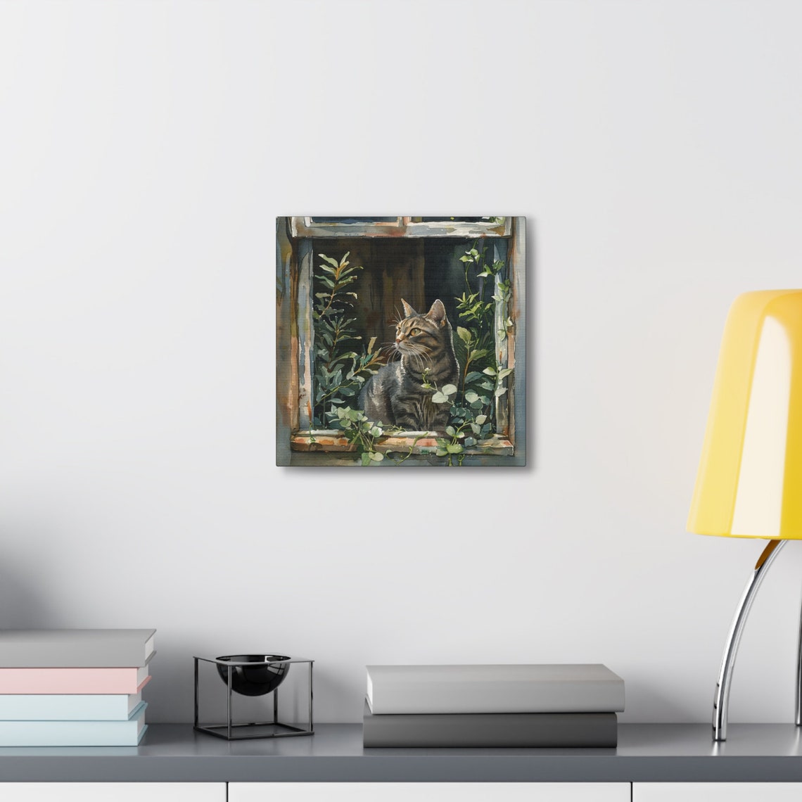 Tabby Cat Sitting in a Rustic Window Surrounded by Plants Poster - Image 4