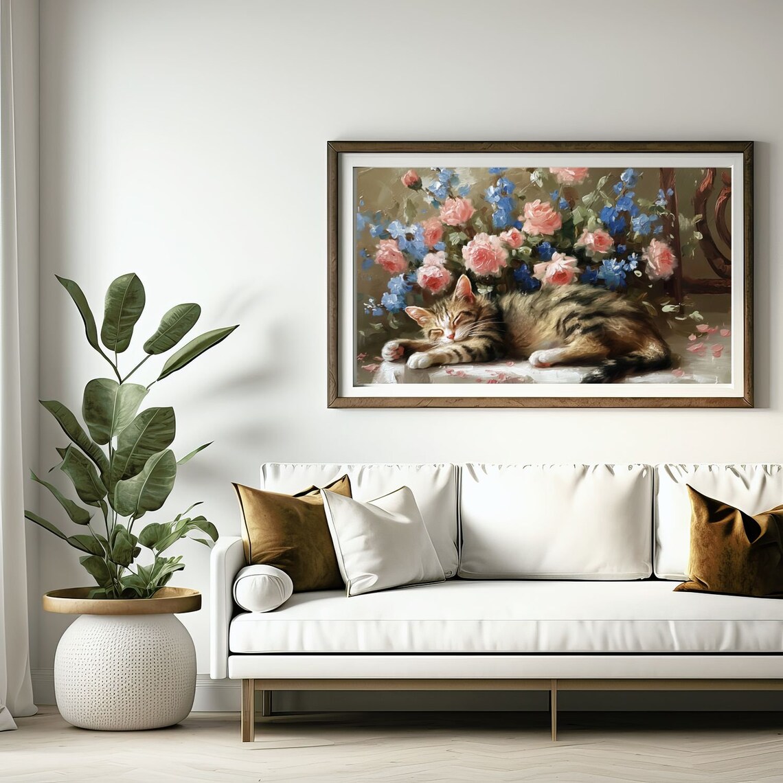 Tabby Cat Sleeping Among Pink Roses and Blue Delphinium Still Life Poster - Image 4