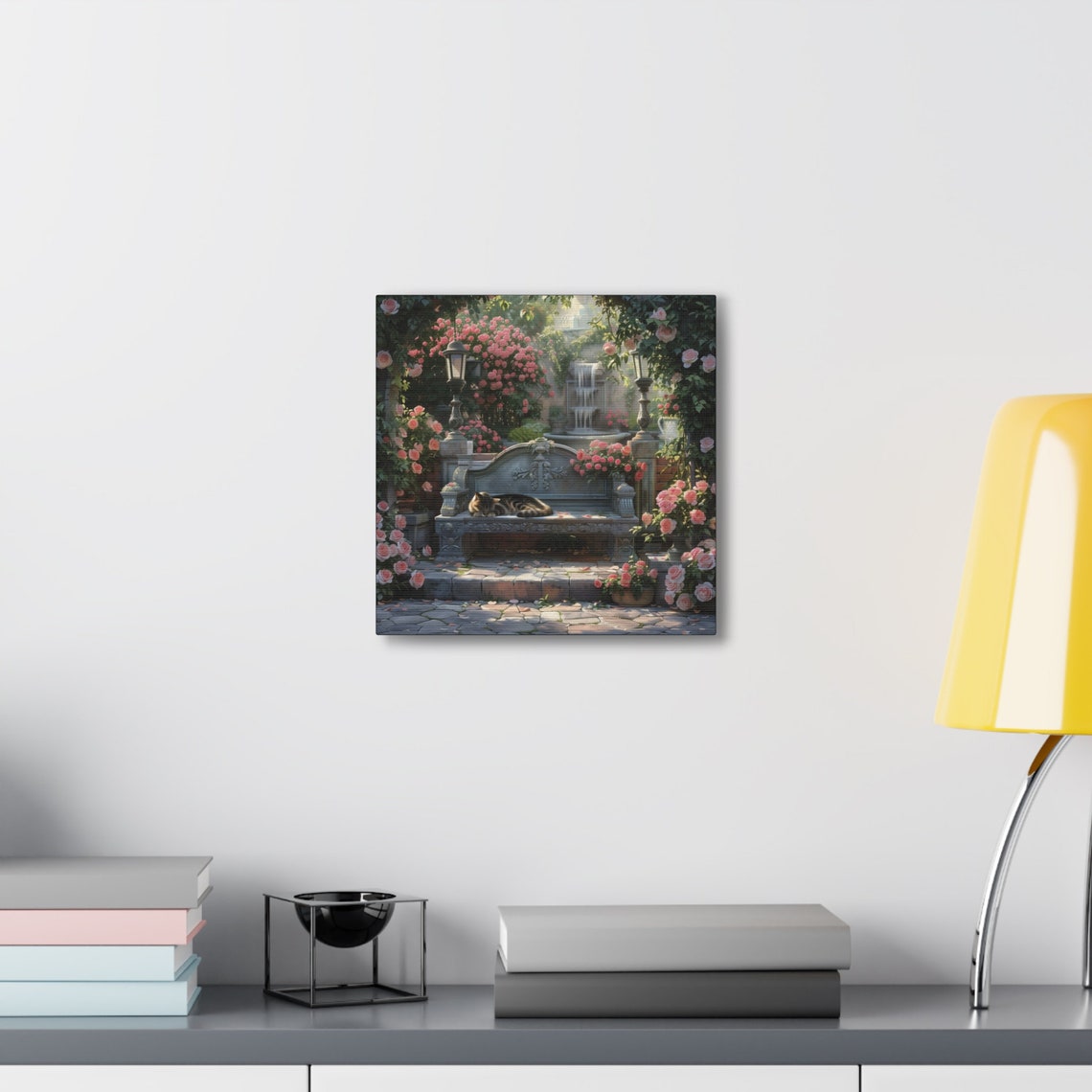 Tabby Cat Napping on Stone Bench in Pink Rose Garden Fountain Poster - Image 6