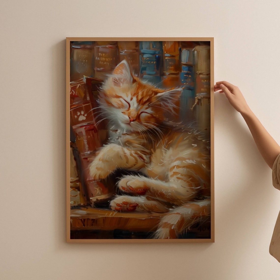 Ginger Kitten Sleeping Among Library Books Oil Painting Poster - Image 4
