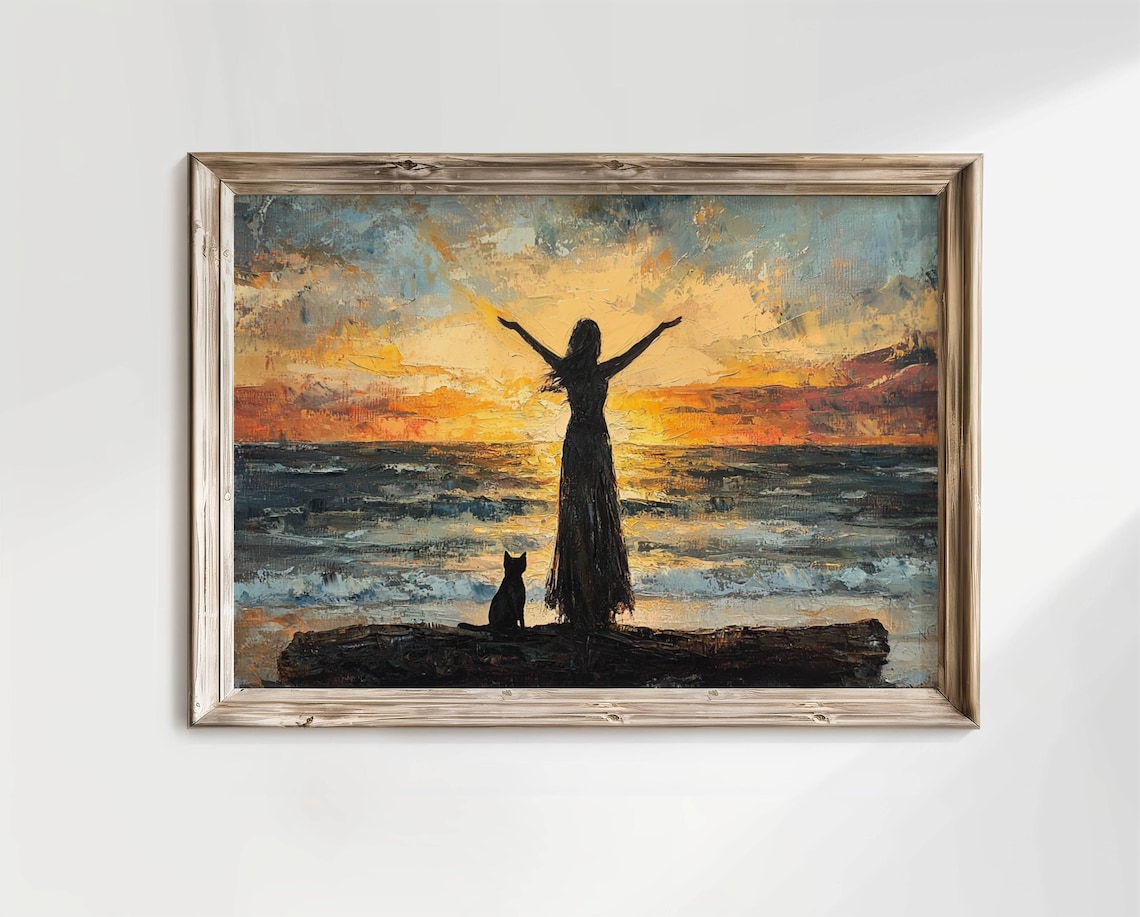 Woman and Cat on Beach at Sunrise Poster Print