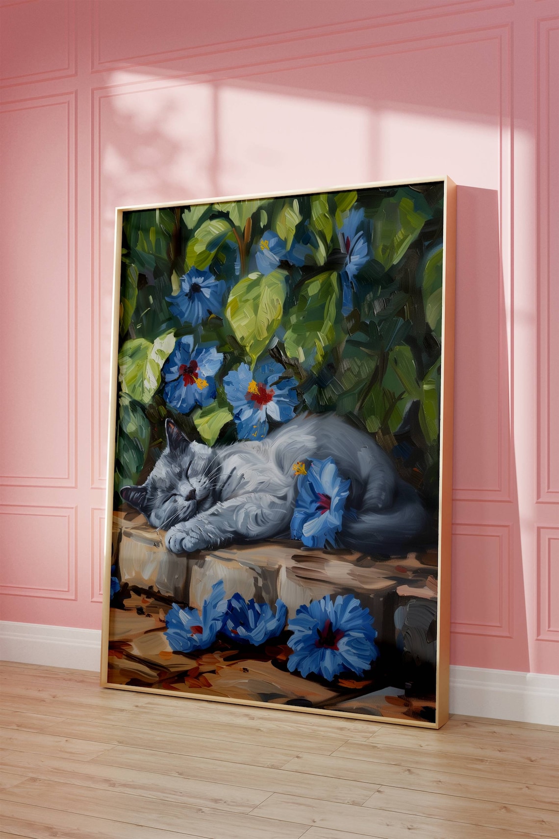 Russian Blue Cat in Hibiscus, Floral Art Print - Image 6