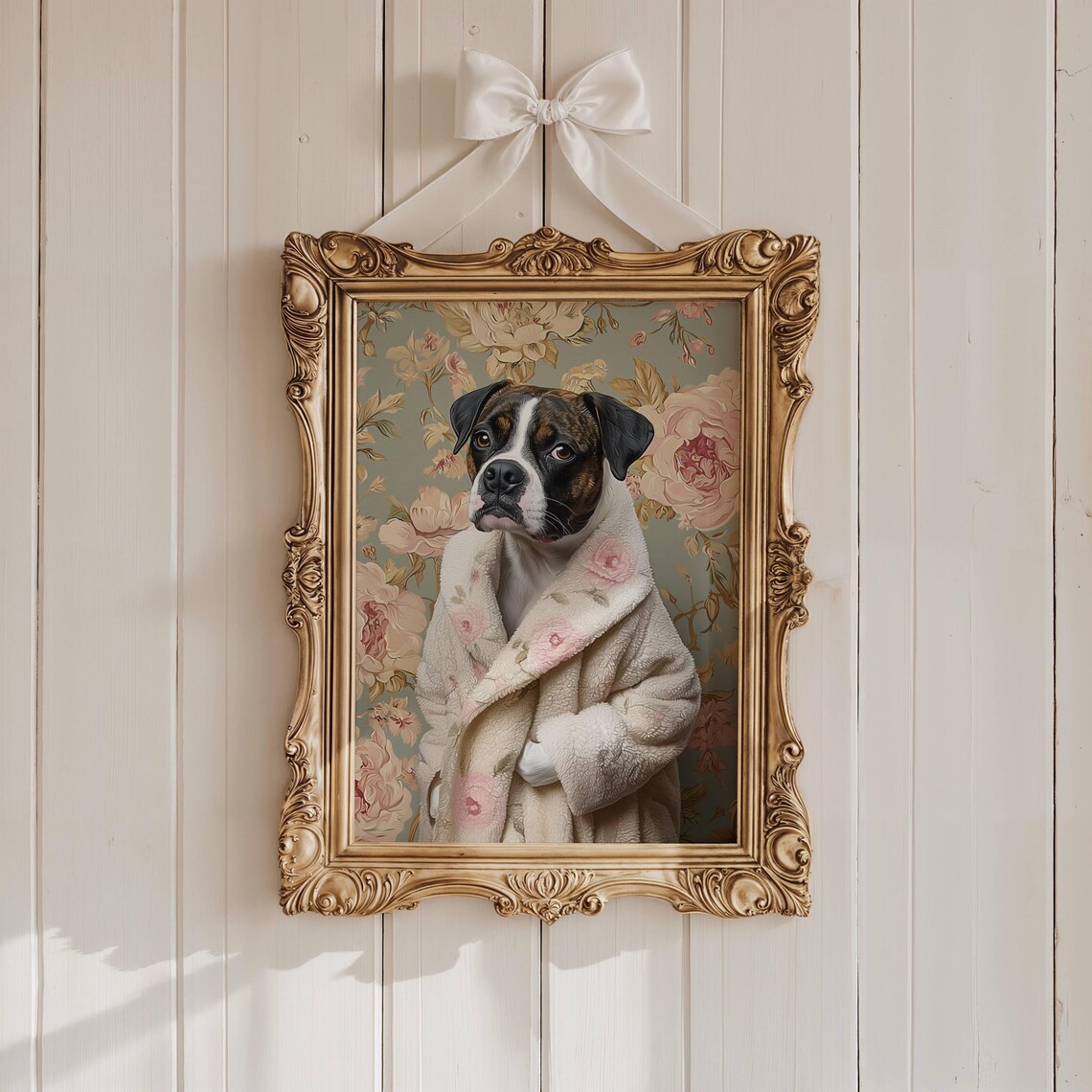 Boxer Dog Wearing a Cozy Floral Bathrobe Funny Dog Portrait Poster - Image 6