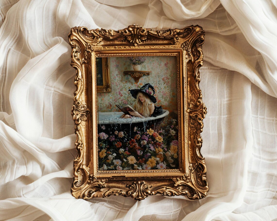 Witch Reading in Bubble Bath With Black Cat, Poster - Image 3