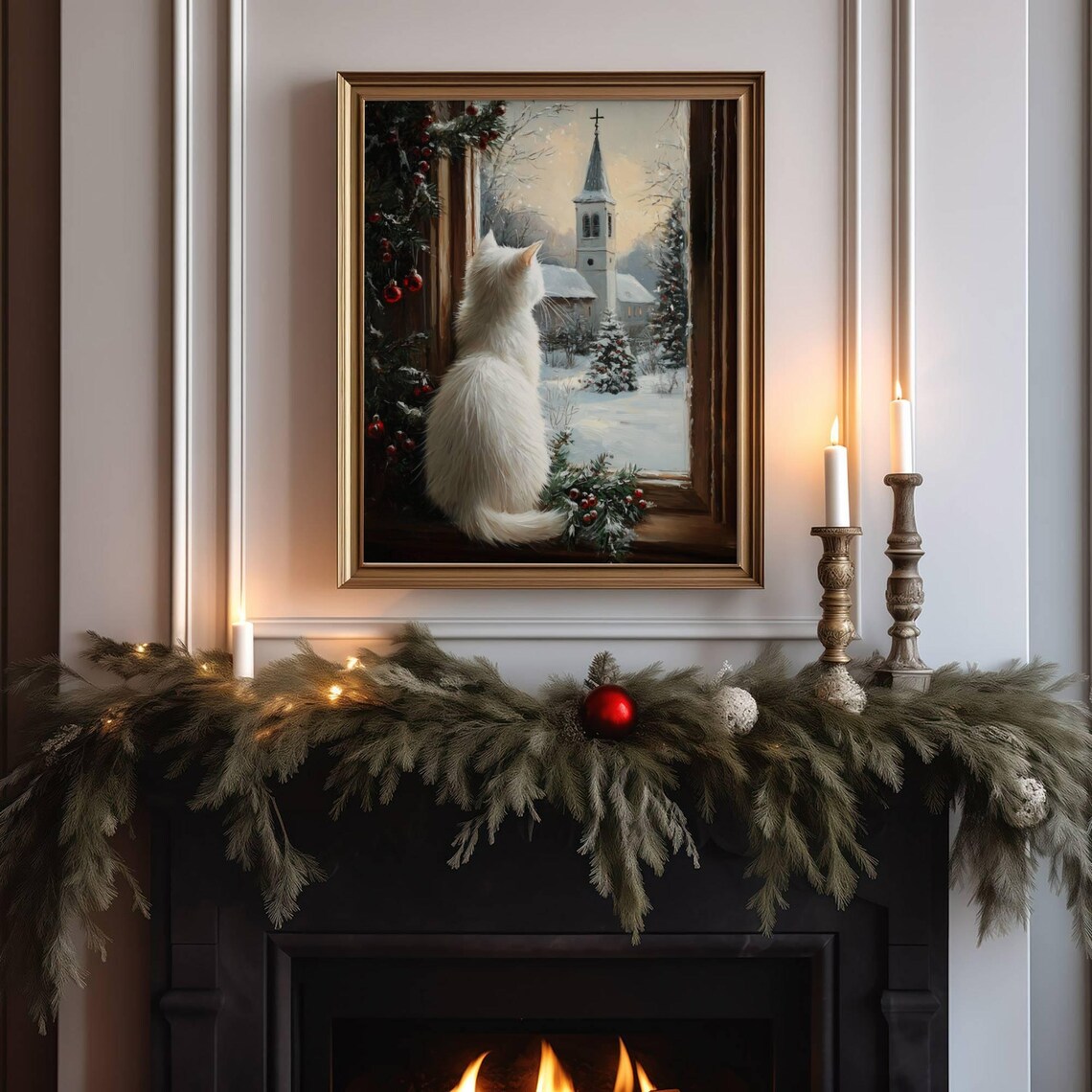 White Cat Farmhouse Christmas Poster, Rustic Holiday - Image 4
