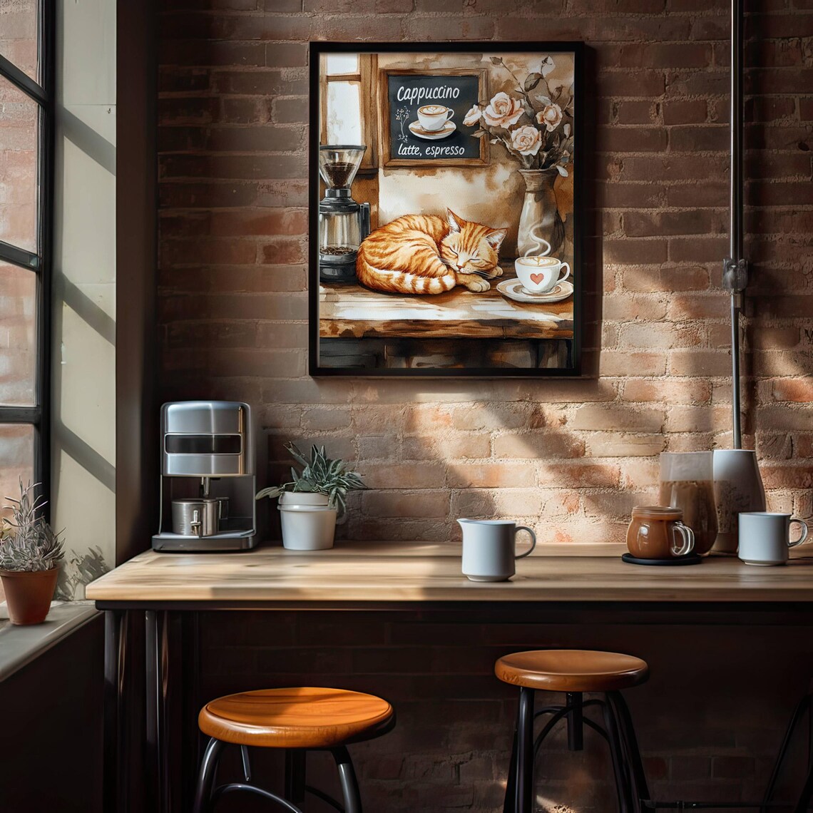 Cozy Orange Tabby Cat Napping Peacefully Beside a Heart-Topped Cappuccino Poster - Image 5