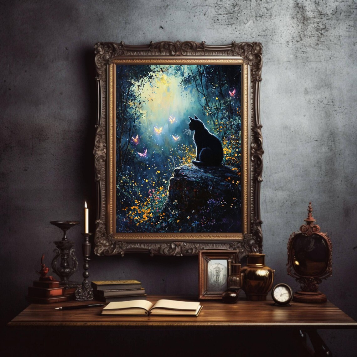 Mysterious Black Cat on a Mossy Rock in a Moonlit Enchanted Blue Forest Poster - Image 5