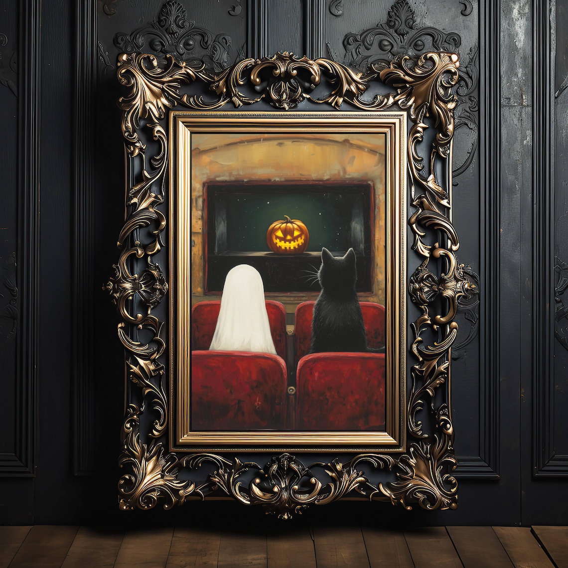 Ghost and Black Cat Watching a Pumpkin Movie in a Theater Poster