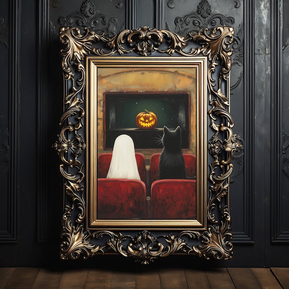 Ghost and Black Cat Watching a Pumpkin Movie in a Theater Poster