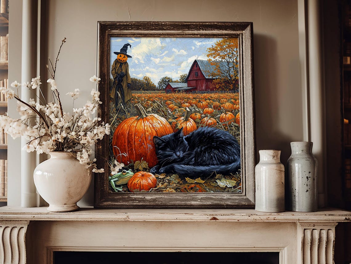 Black Cat Sleeping Among Pumpkins by a Red Barn Halloween Poster - Image 5