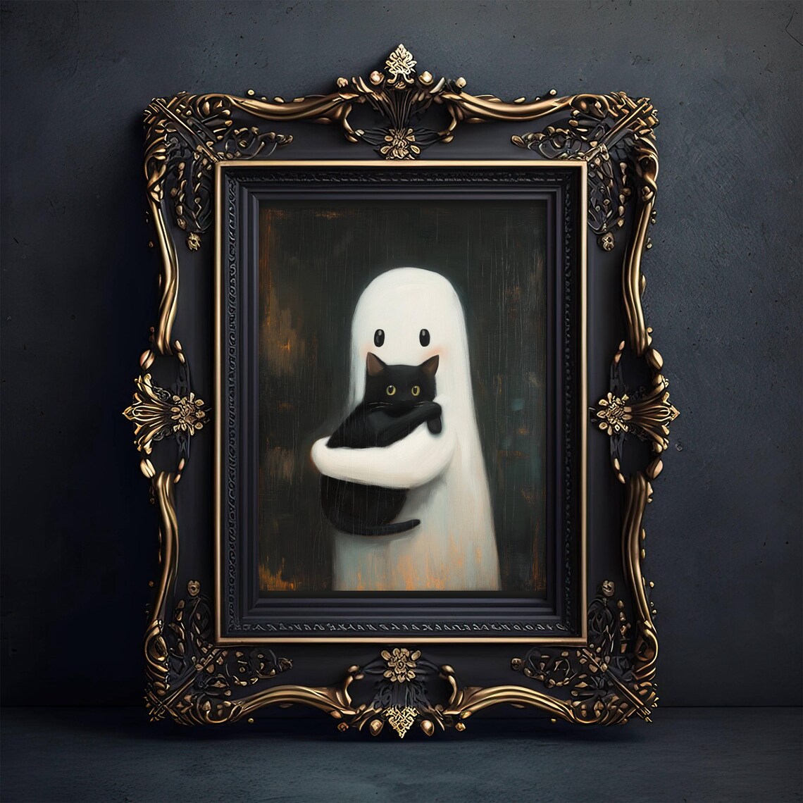 Adorable Little Ghost Hugging a Black Cat Whimsigoth Painting Style Poster