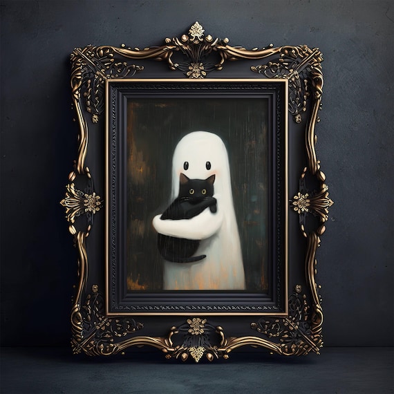 Adorable Little Ghost Hugging a Black Cat Whimsigoth Painting Style Poster