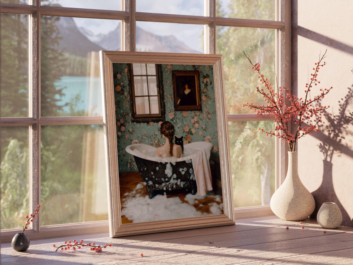 Woman in a Bubble Bath With a Black Cat Vintage Bathroom Poster - Image 7