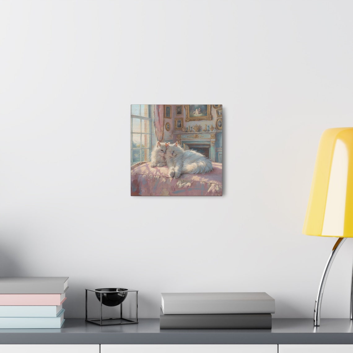 Two Cuddling White Cats on a Pink Cushion by the Fire Poster - Image 7
