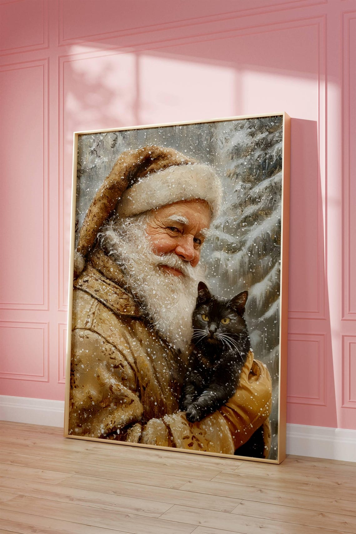 Santa Claus Gently Holding a Black Cat in a Snowy Winter Forest Poster - Image 3