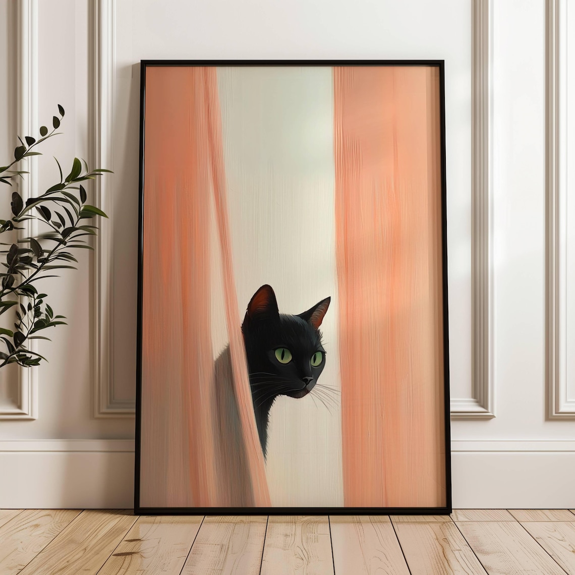 Black Cat Peeking Through Curtains, Minimalist Poster