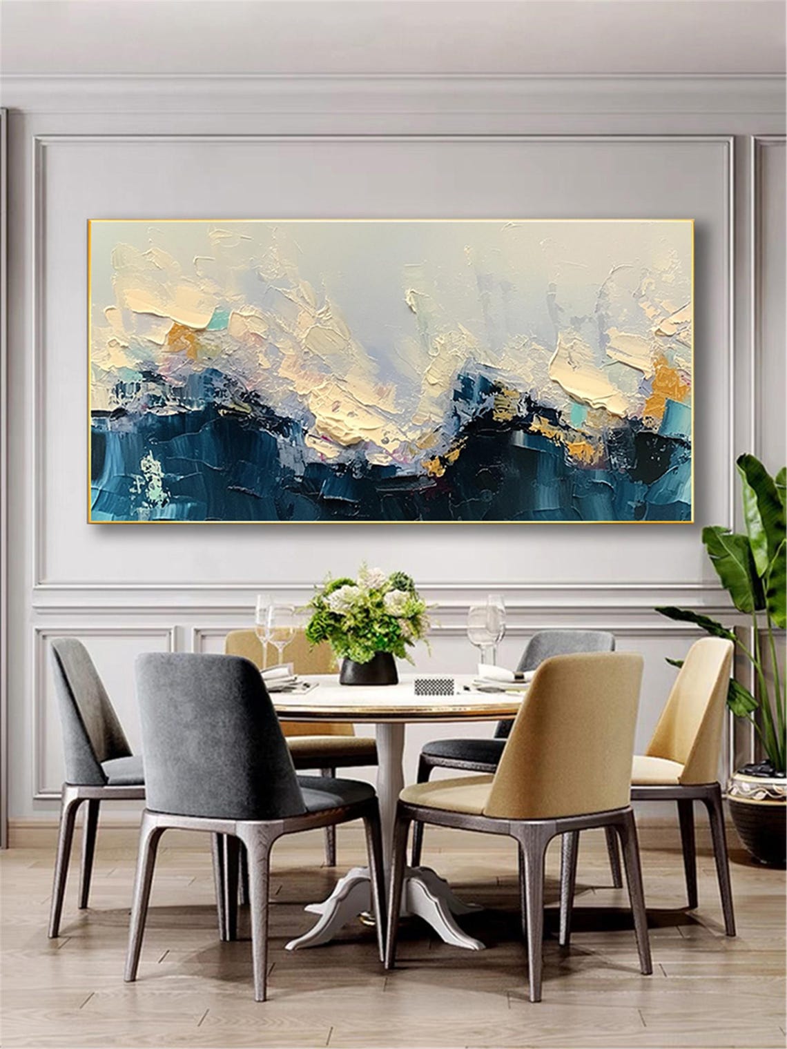 Navy Ocean Waves White Foam 3D Textured Painting Panoramic Wall Art - Image 4