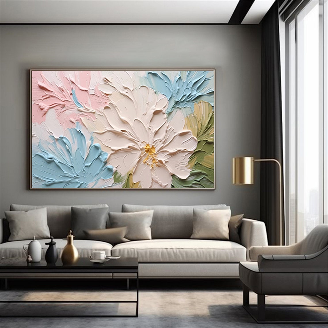 Pink Blue Floral Bloom 3D Textured Impasto Painting Panoramic Wall Art - Image 5