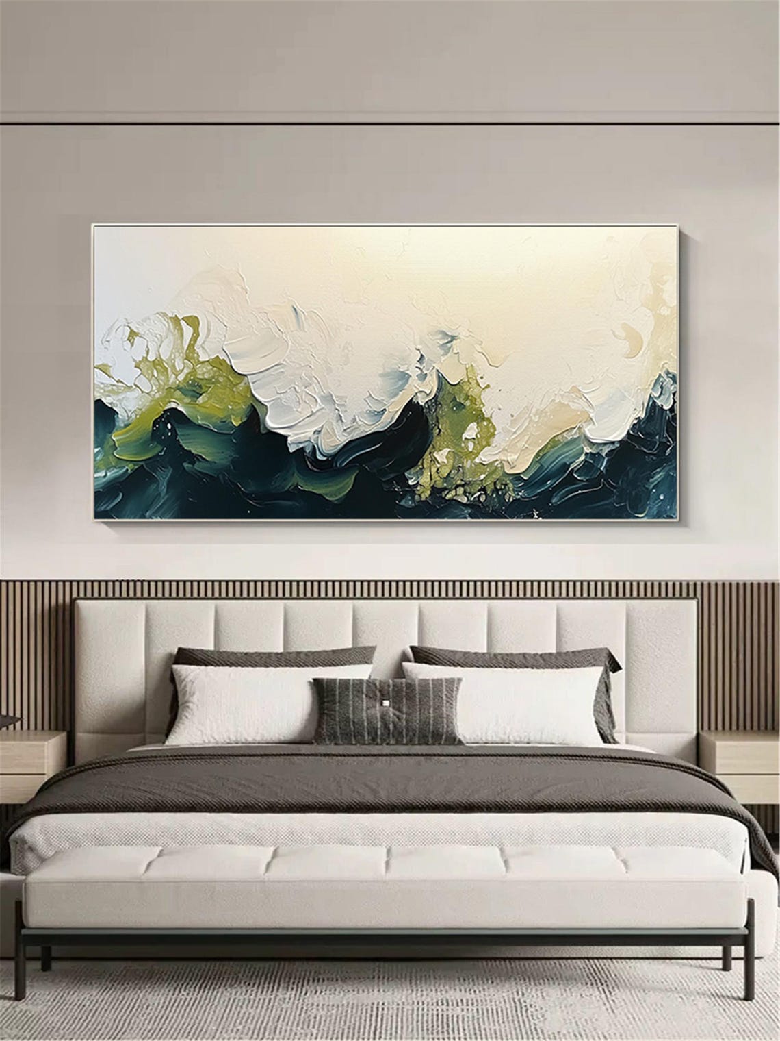 Deep Teal Ocean Waves 3D Textured Painting White Foam Panoramic Poster - Image 4