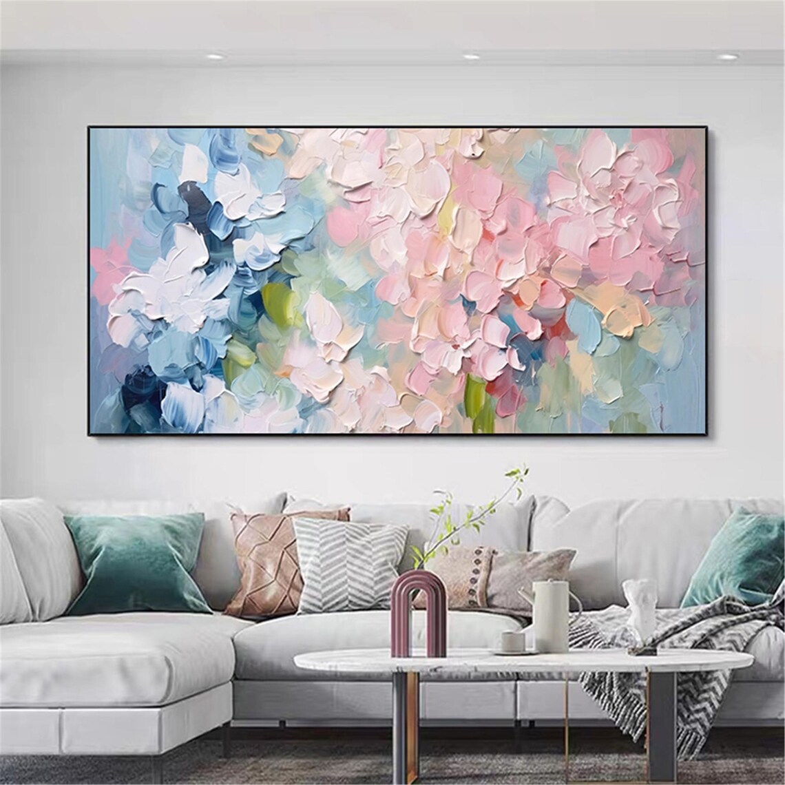 Blue Pink Pastel 3D Textured Abstract Floral Bloom Painting Poster - Image 5