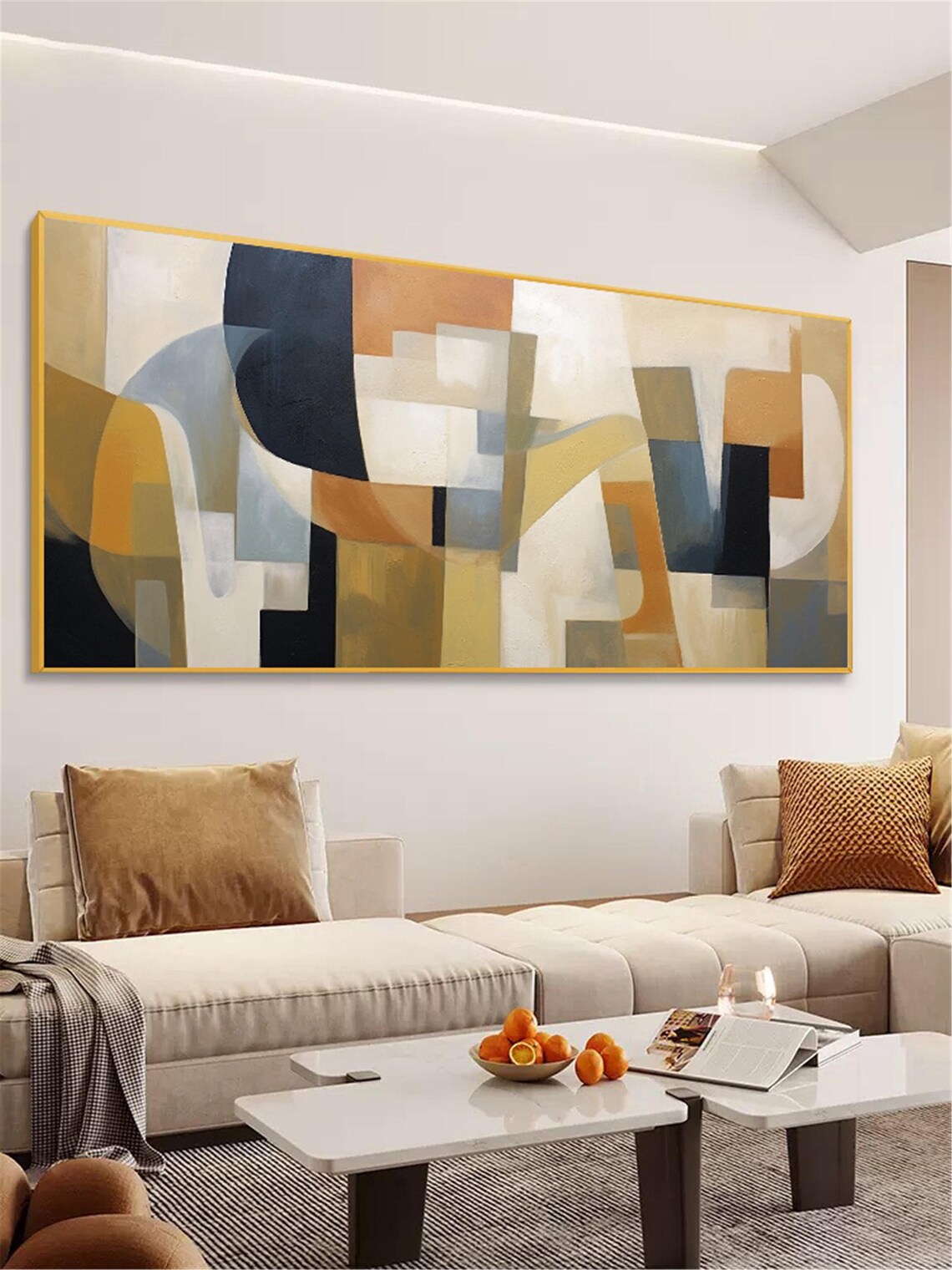 Geometric Mustard Navy Cream Abstract Panoramic Mid Century Art Poster - Image 2