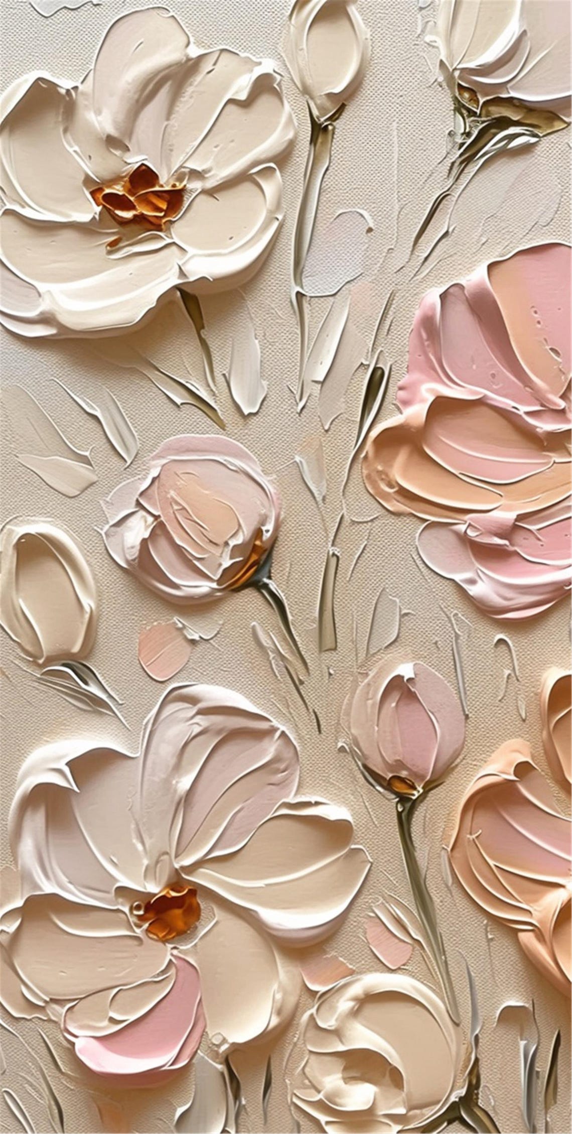 Cream Pink Apricot Bloom Beige 3D Textured Floral Painting Poster - Image 5