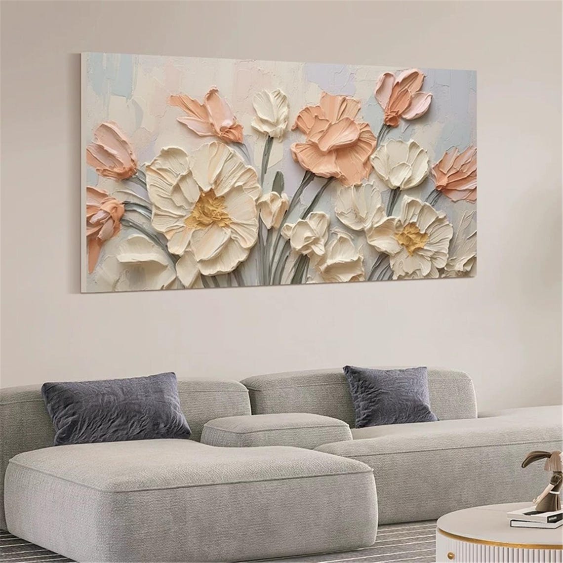Neutral Cream Peach 3D Textured Large Blossom Floral Painting Poster - Image 2