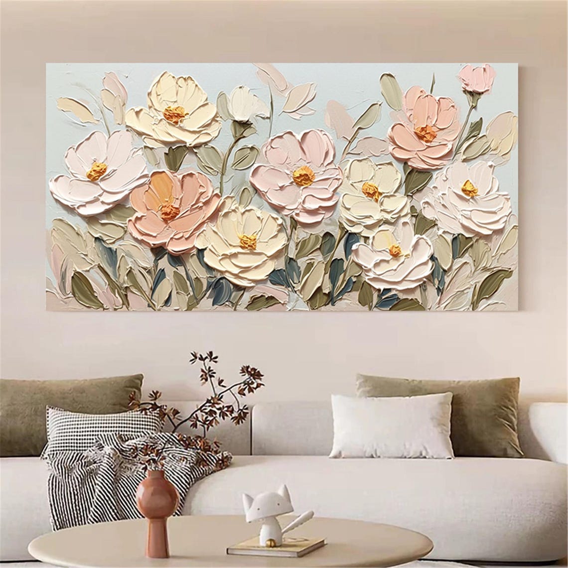 Soft Pink Cream Bloom Pale Blue 3D Textured Floral Painting Poster - Image 4