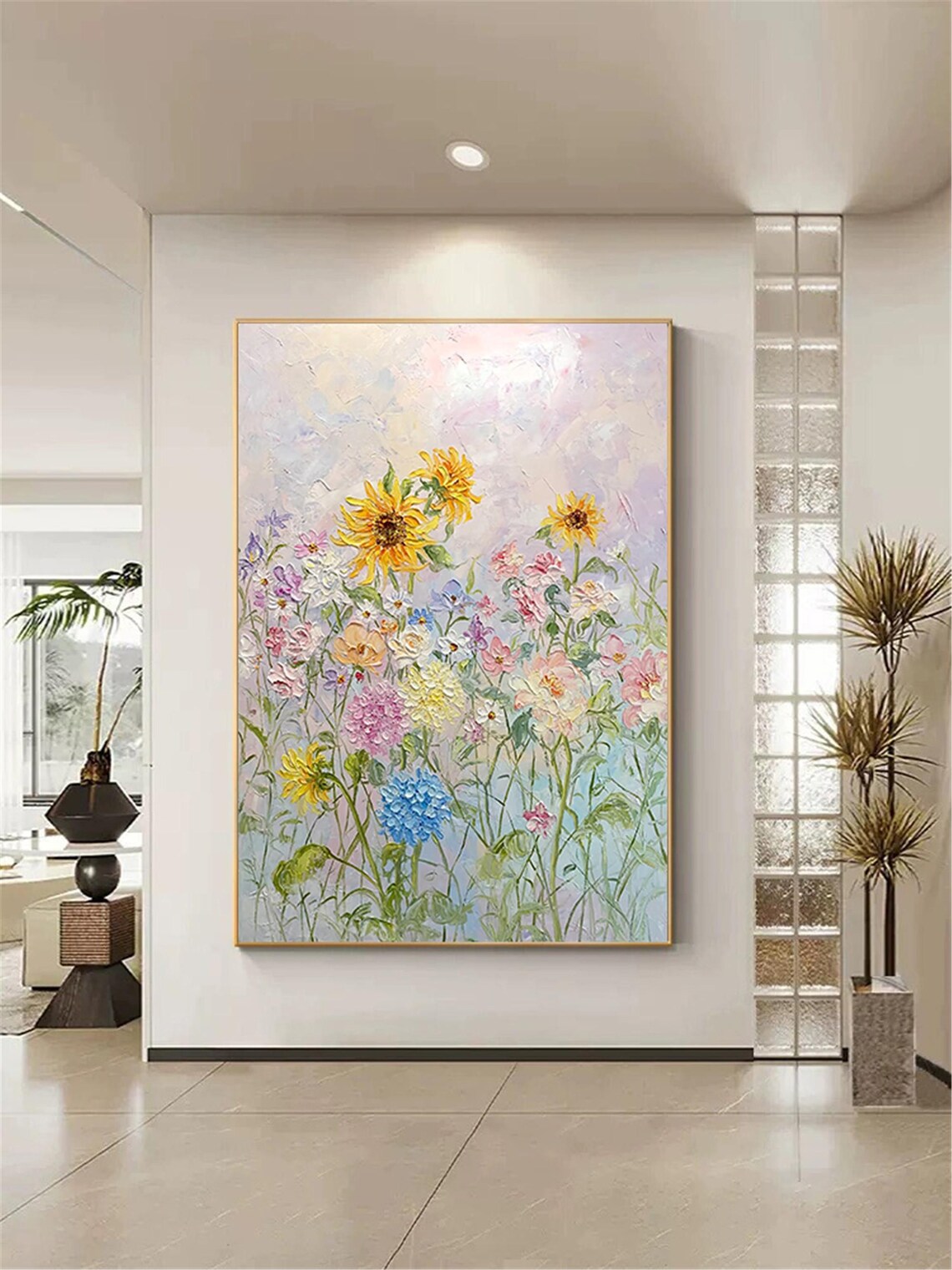 Sunflower Wildflower Meadow Pastel Vertical Garden Scene Wall Art - Image 5