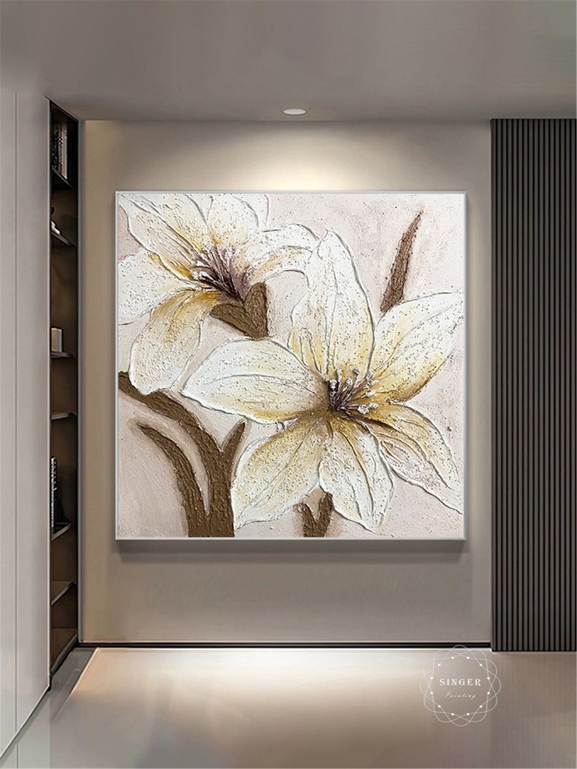 White Lilies 3D Textured Impasto Floral Painting Beige Canvas Poster - Image 4