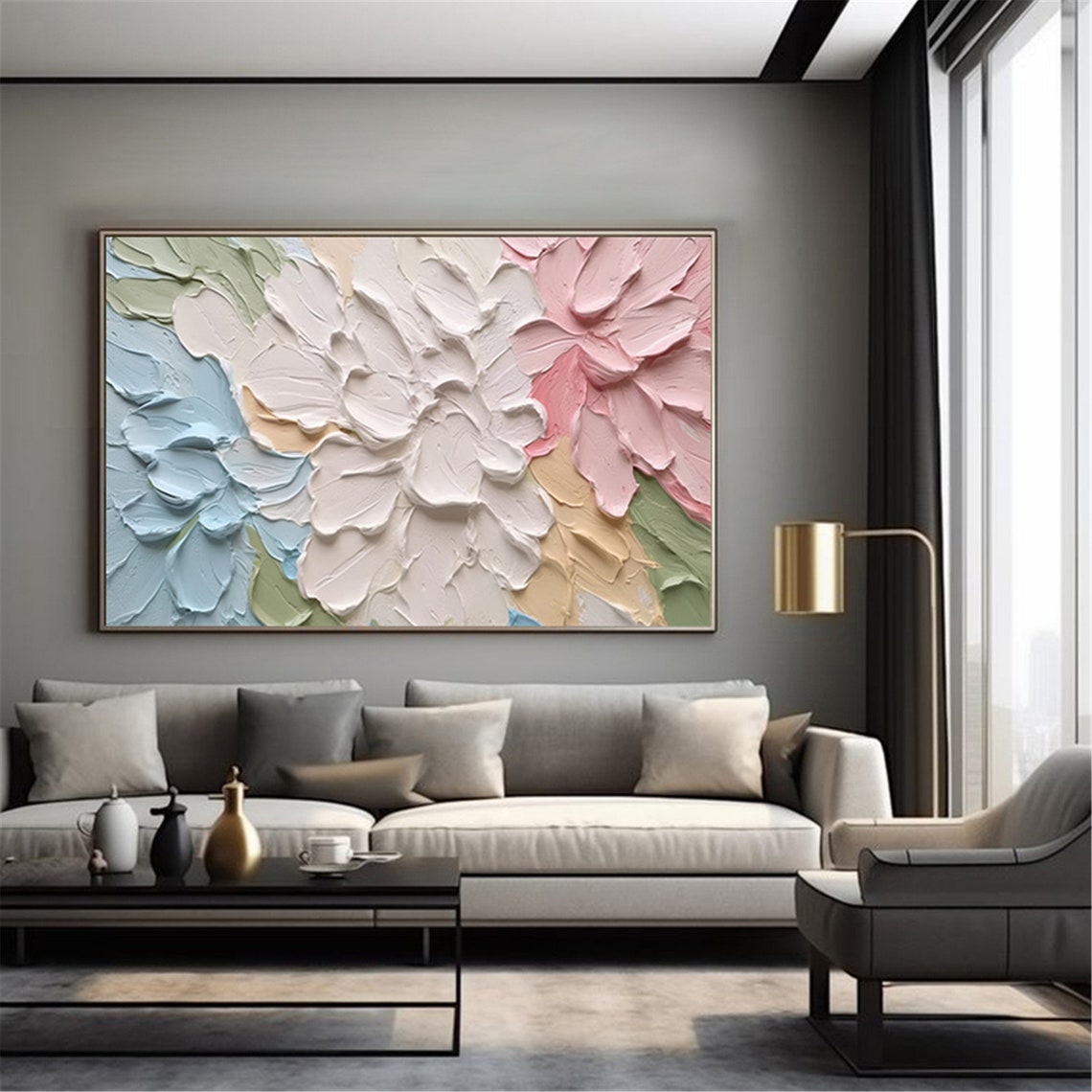 Pastel Petal Bloom 3D Textured Impasto Floral Painting Cream Wall Art - Image 2