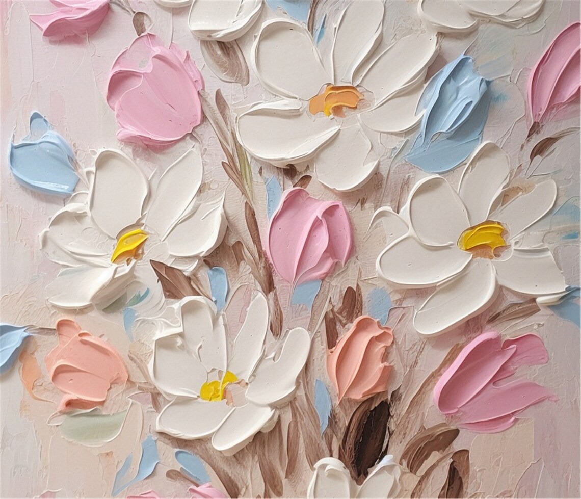 White Pink Daisy Bouquet Pale Blue Vertical Textured Flower Wall Art - Image 5