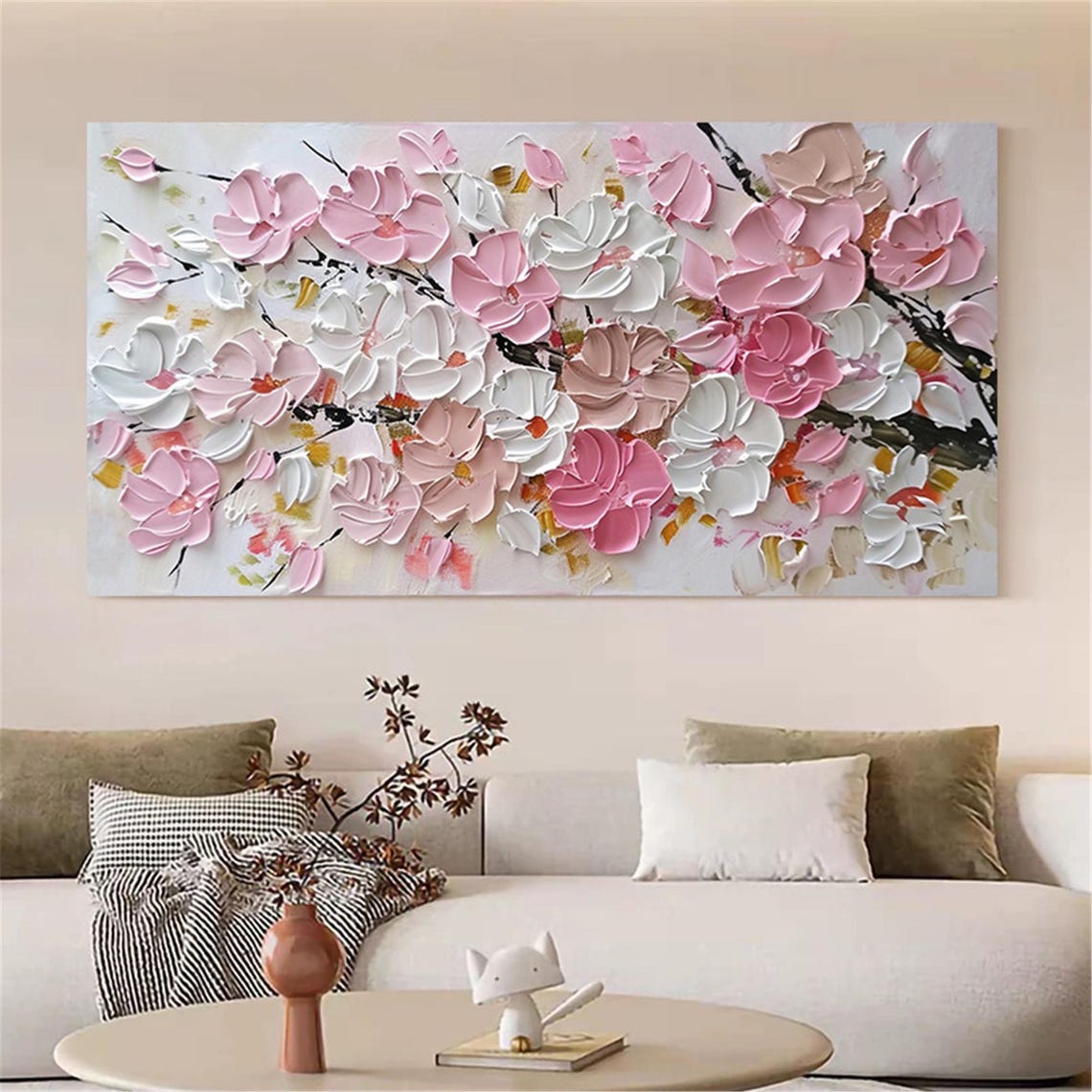 Pink White Cherry Blossom 3D Textured Floral Branch Painting Poster - Image 4