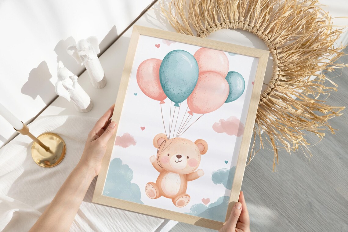 Teddy Bear Floating Pink Teal Balloons Watercolor Nursery Poster Baby Decor - Image 3