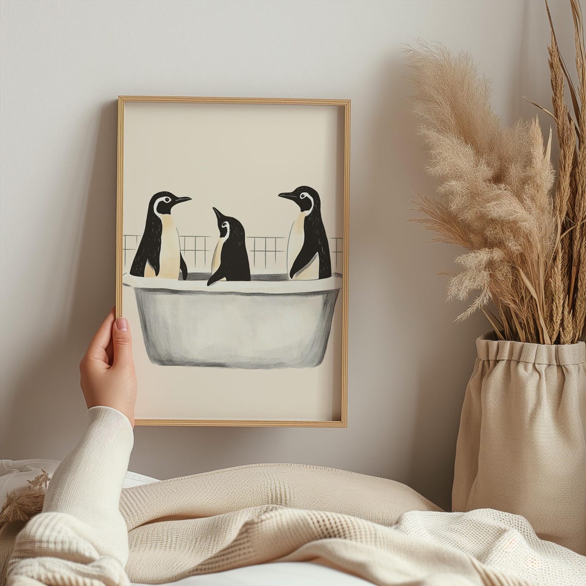 Three Penguins In Gray Bathtub Minimalist Beige Bathroom Poster - Image 5