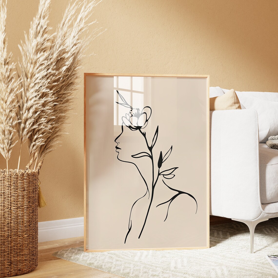 Minimalist Line Art Woman Profile with Flower Beige Art Poster - Image 6