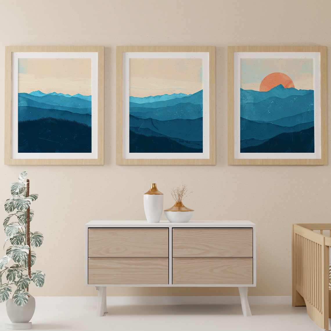 Blue Mountains Sunset Modern Three Piece Abstract Landscape Art Poster - Image 4