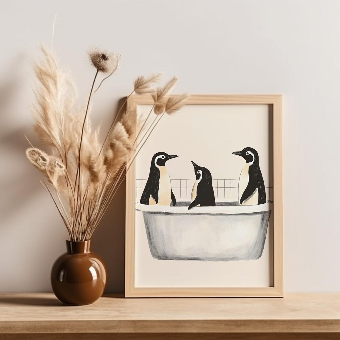 Three Penguins In Gray Bathtub Minimalist Beige Bathroom Poster - Image 7